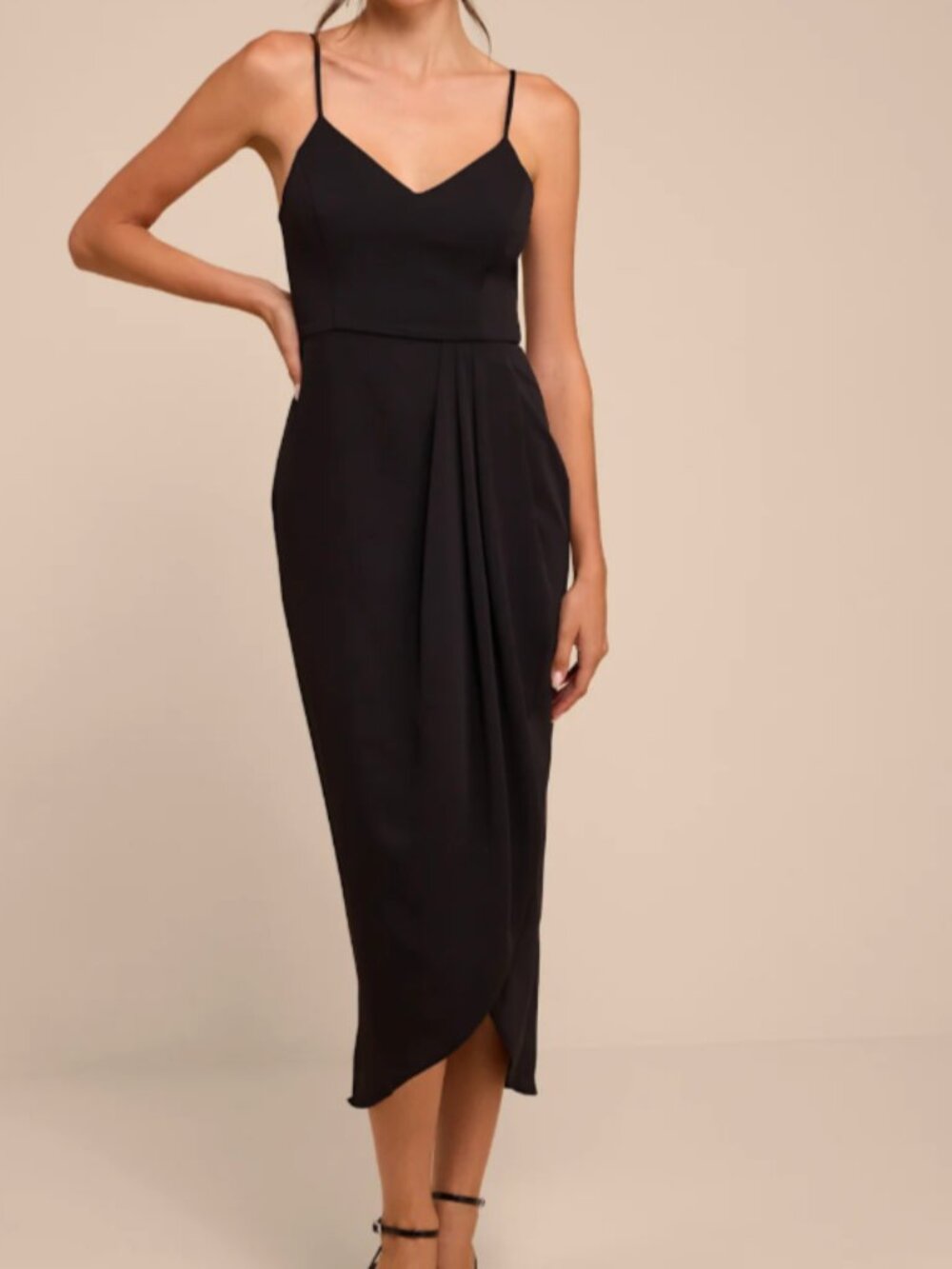 Lulus Reinette Black Faux Wrap Midi Dress Large L Wedding Guest
